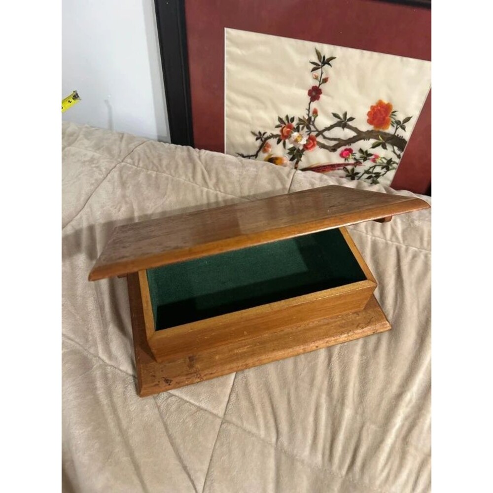 Vintage Wooden Box with Green Velvet Inside and Green Painted Bottom